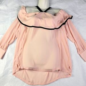Loft Pink On/Off Shoulder Ruffle Blouse Black Trim Size Large Ann Taylor NWT